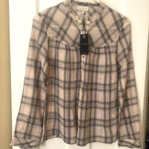 Lucky brand ivory plaid shirt. Fringe accent around collar and sleeves.
